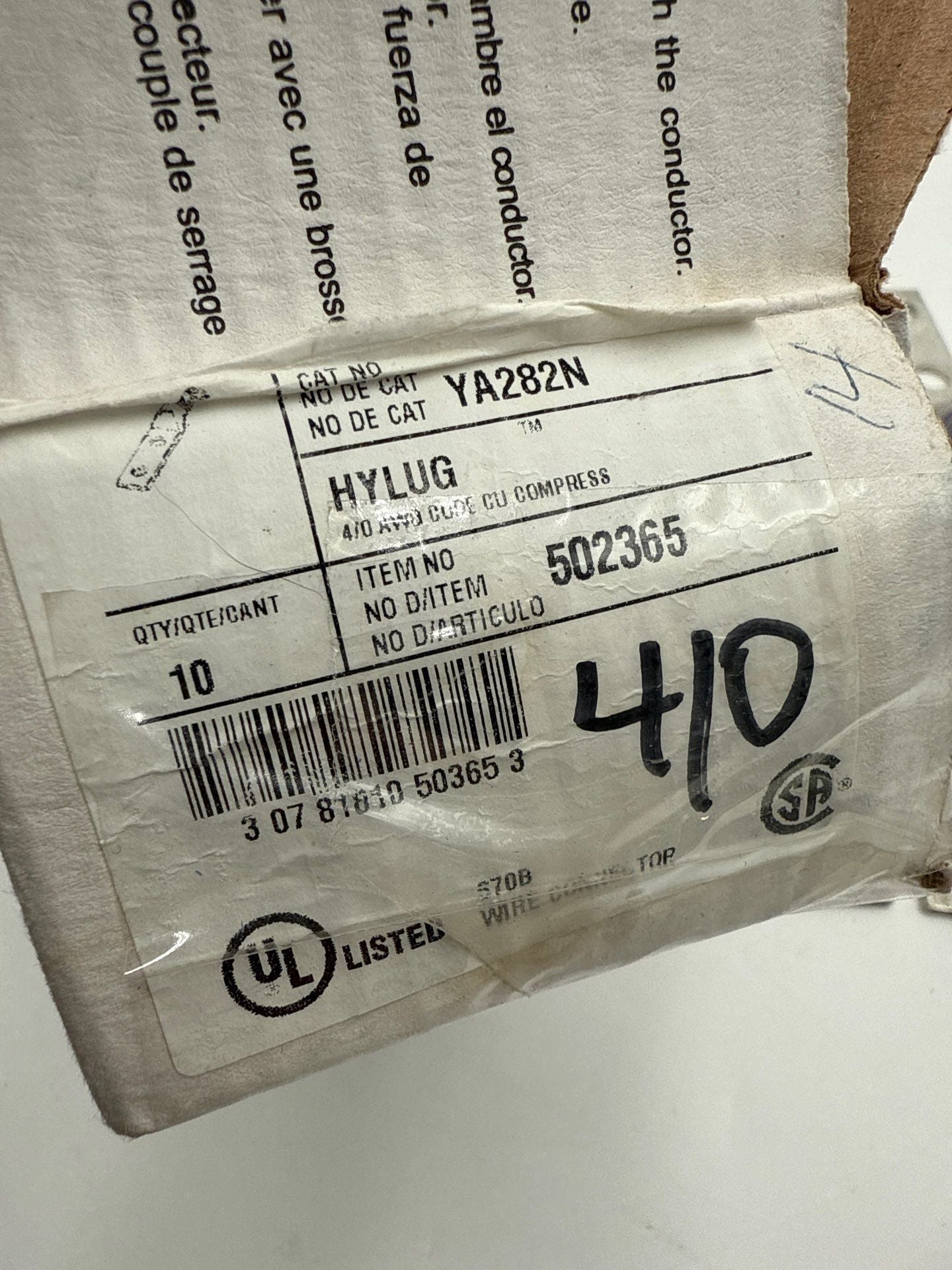 10PC Burndy YA282N 2-Hole 1/2'' Stud 4/0 AWG Long Barrel Copper Compression Lug New