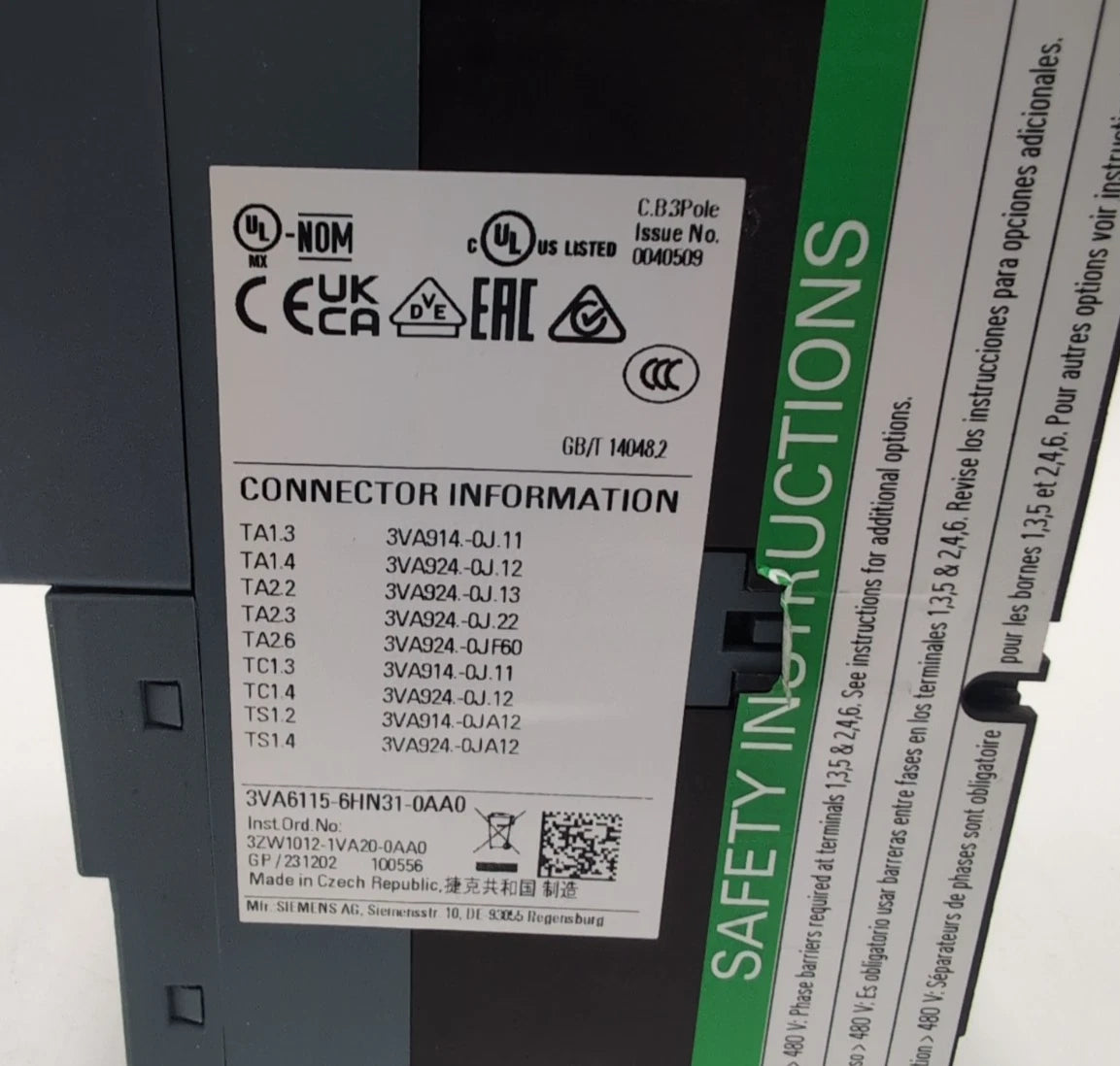 Siemens 3VA6115-6HN31-0AA0 Circuit Breaker 150A 3P 600V 3PH LSI Trip 150 Amp NEW New