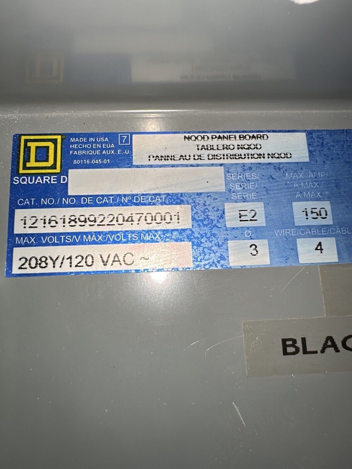 Square D NQOD Panelboard 150A 208Y/120V 3PH 4W 42 Circuit 150 Amp MCB Q2L3150 P247 Used