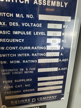 Square D 15kV 600A Power Zone Fusible Load Interrupter Switch 600 Amp HVL Used