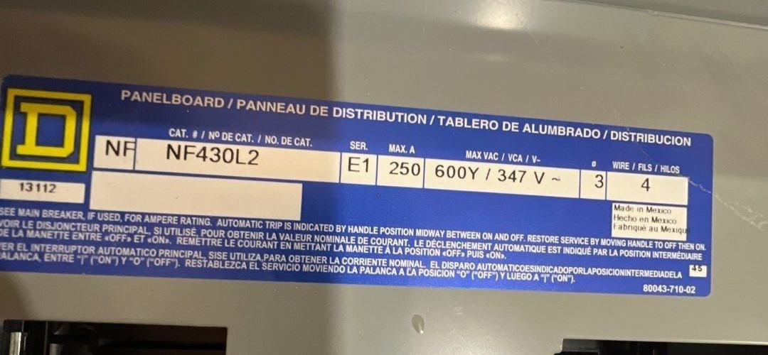 Square D NF NF430L2 Panelboard 225A 600Y/347V 3PH 4W 225 Amp MCB Main JDL36225 P273 Used