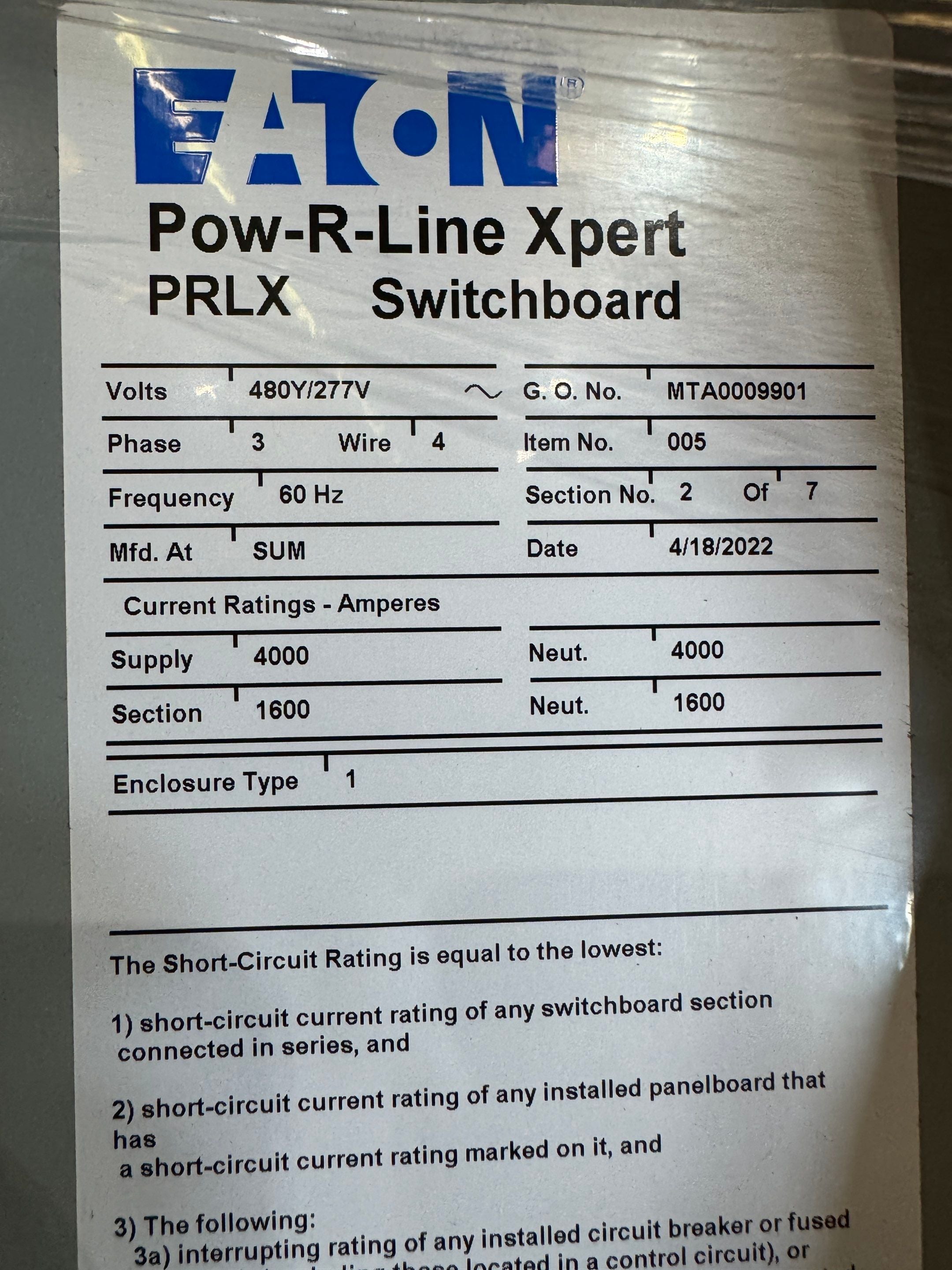 Eaton RYR6163B Circuit Breaker 1600A 3P 600V PXR25 LSIG Maintenance Mode New