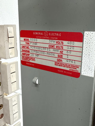 GE 8000 12" 30A Combo MCC Bucket Size 1 Starter TEC36030 Breaker Used