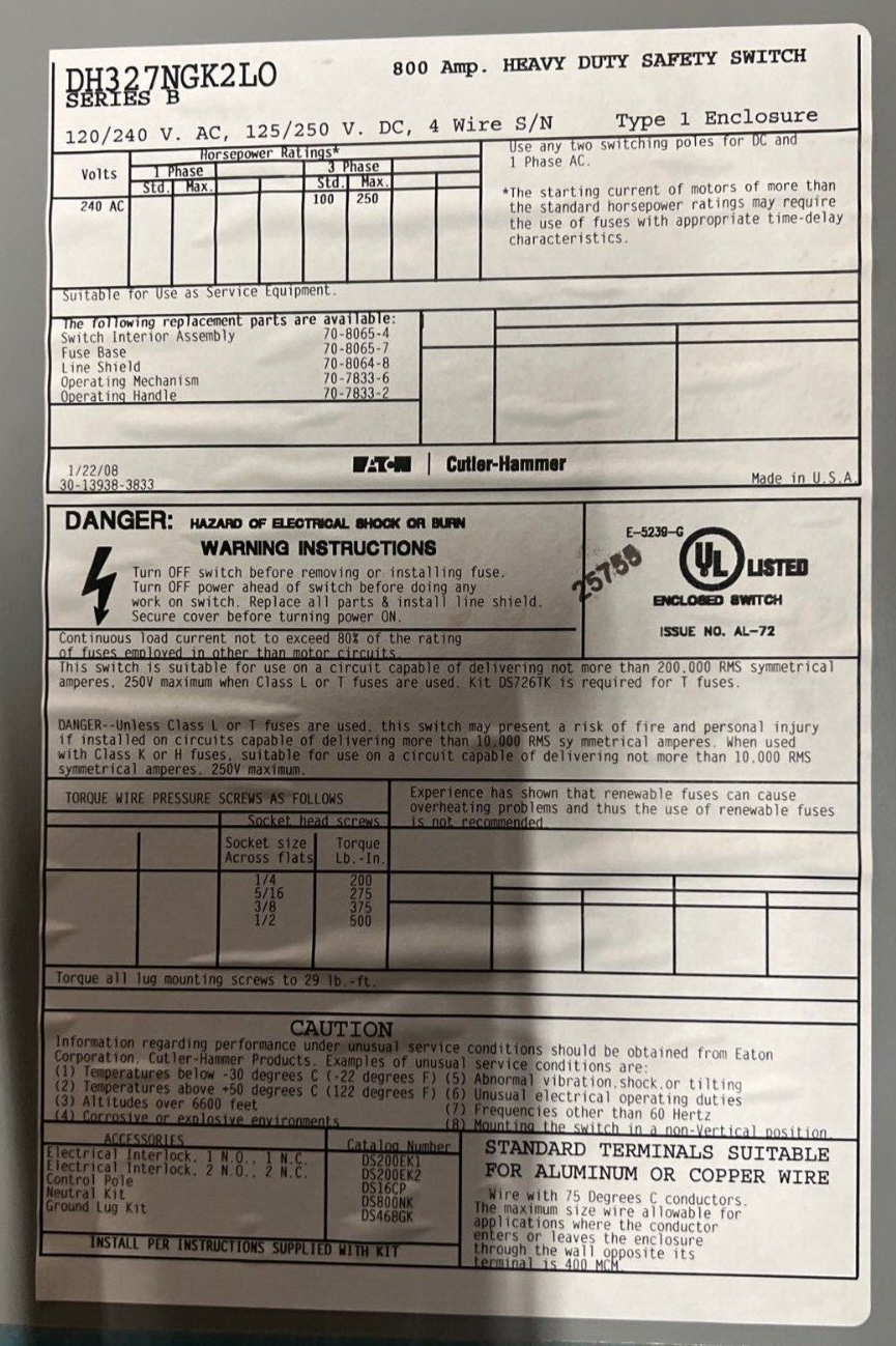 Eaton DH327NGK2LO Used