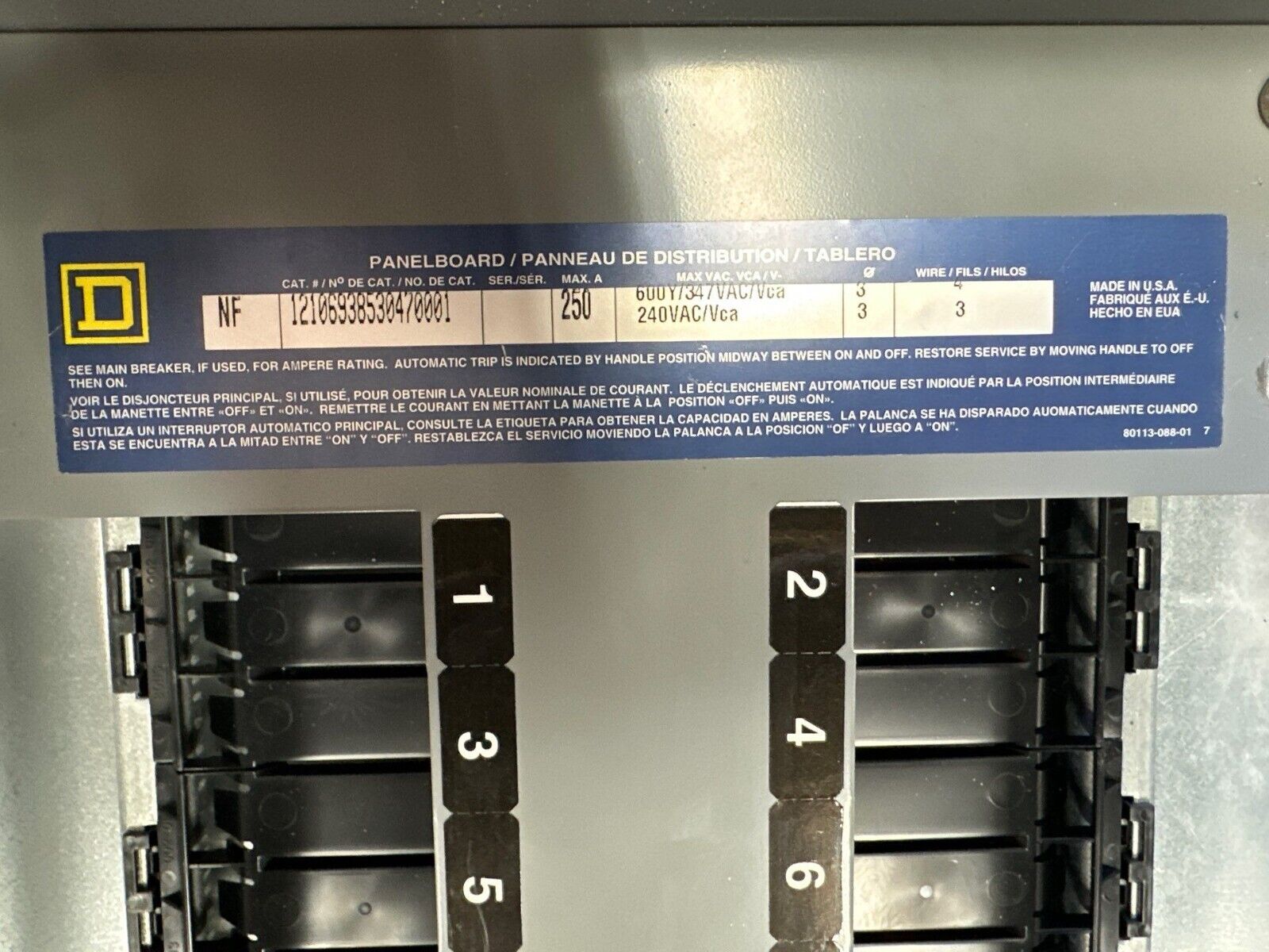 Square D NF Panelboard 250A 600V 3PH 3W 42 Circuit Indoor Encl MCB KAL36200 Main P004 Used