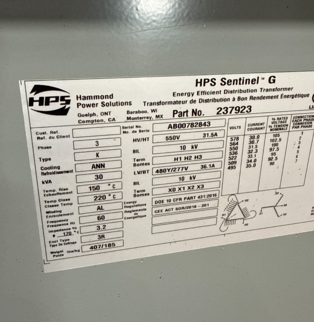 30 KVA Hammond 237923 Transformer Pri 550V Sec 480/277V 3PH 3R Encl New