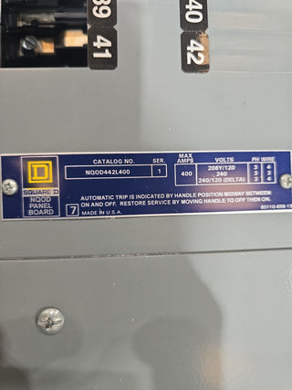 Square D NQOD442L400 Panelboard 400A 208Y/120V 3PH 4W MLO 42CIR 400 Amp Panel Used