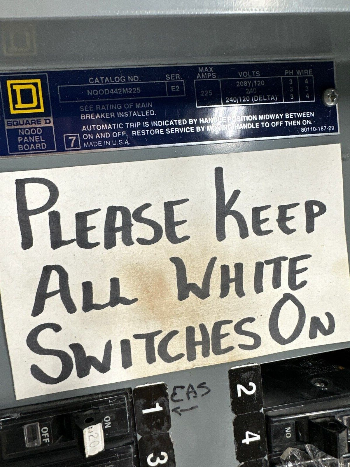 Square D NQOD442M225 NQOD Panelboard 225A 208Y/120V 3PH 4W 42 Cir Main QBL32150 P404 Used