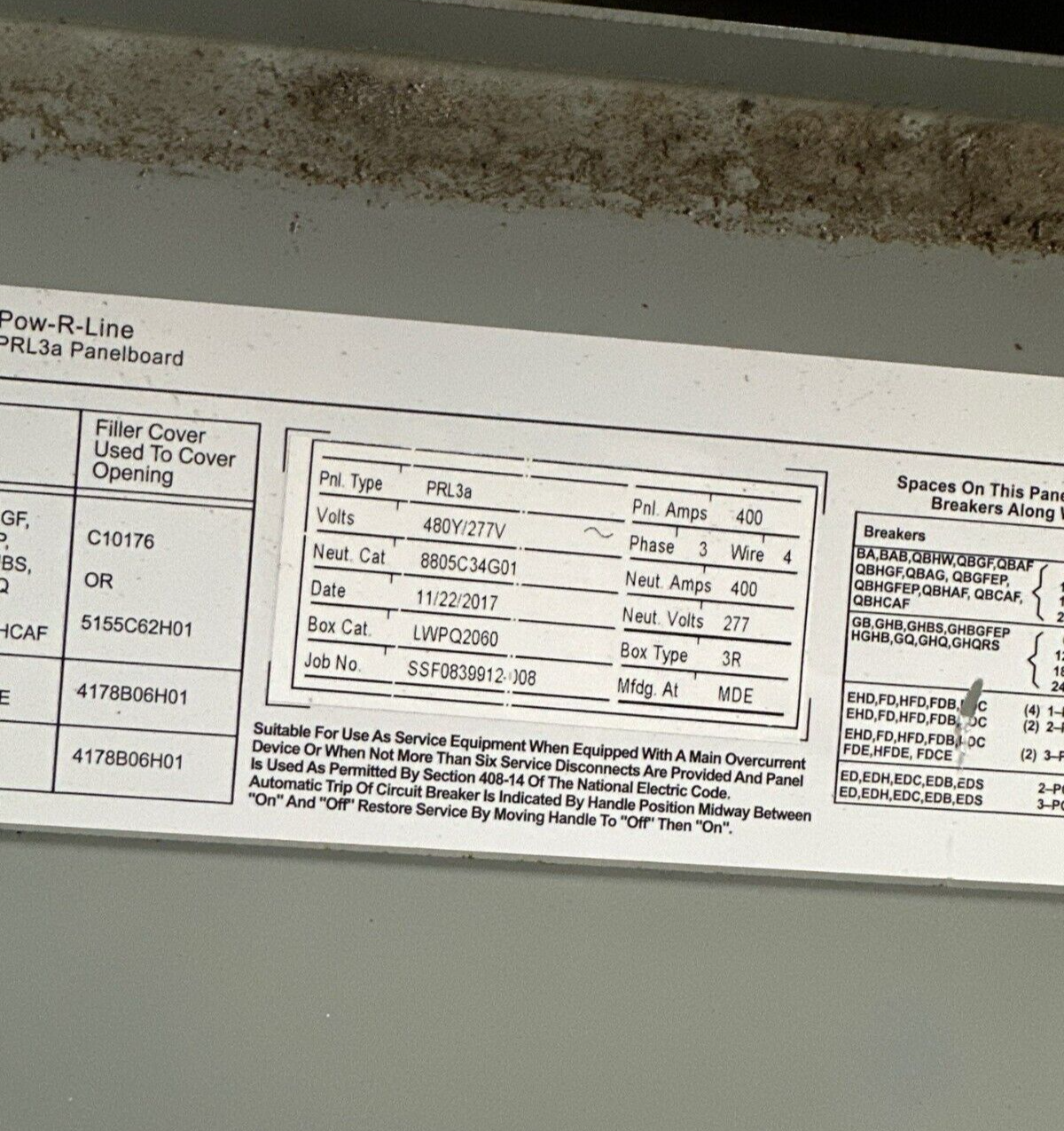 Eaton PRL3A Panelboard 400A 480Y/277V 3PH 4W Main Lug MLO 18 Cir 3R Outdoor Encl P291 Used