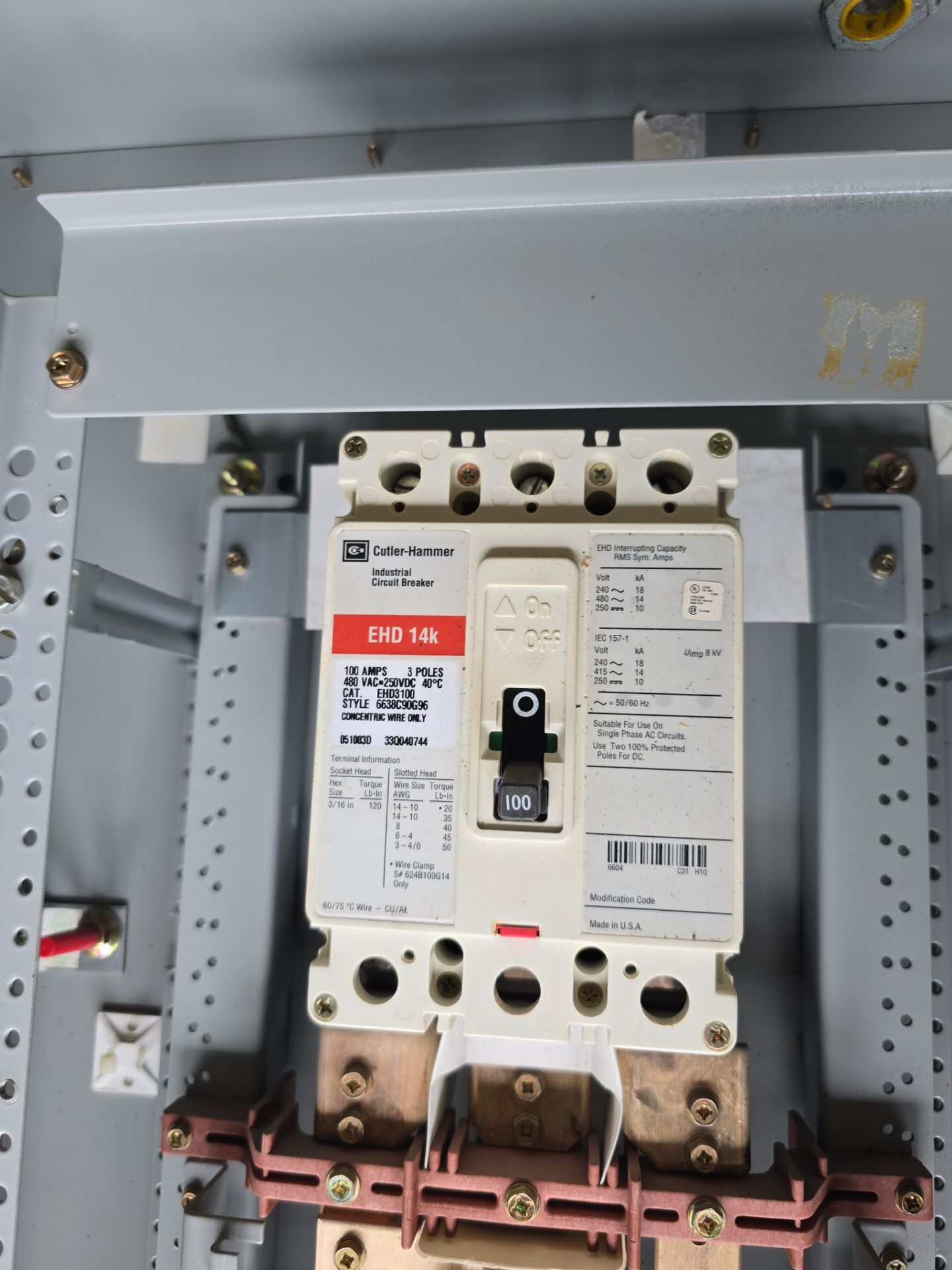 Eaton PRL1A Panelboard 100A 208/120V 3PH 4W 18 Cir 3R Encl MCB Main EHD3100 LWPQ2036 Used