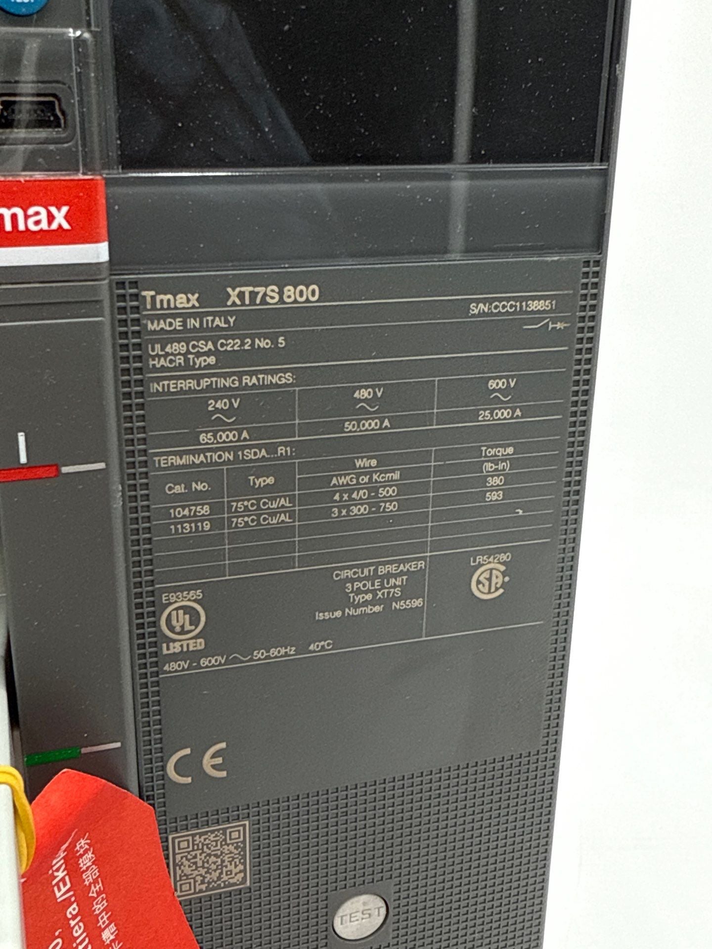 ABB XT7SU380CFFF000XXX Circuit Breaker 800A 3P 600V Ekip Dip LSI XT7S 800 New