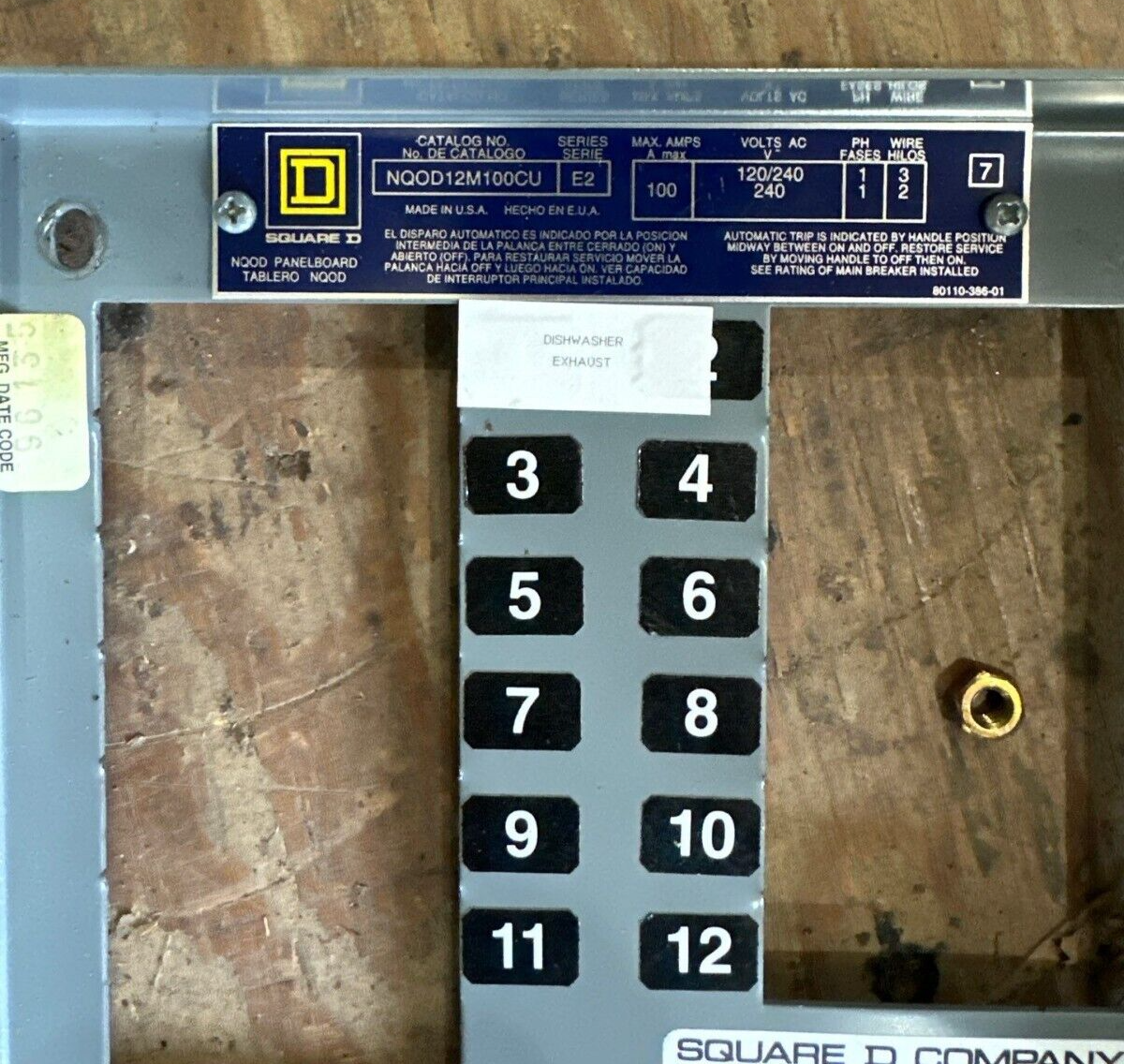 Square D NQOD12M100CU Panelboard 100A 120/240V 1PH 3W Indoor Encl 12 Circuit MCB P481 Used