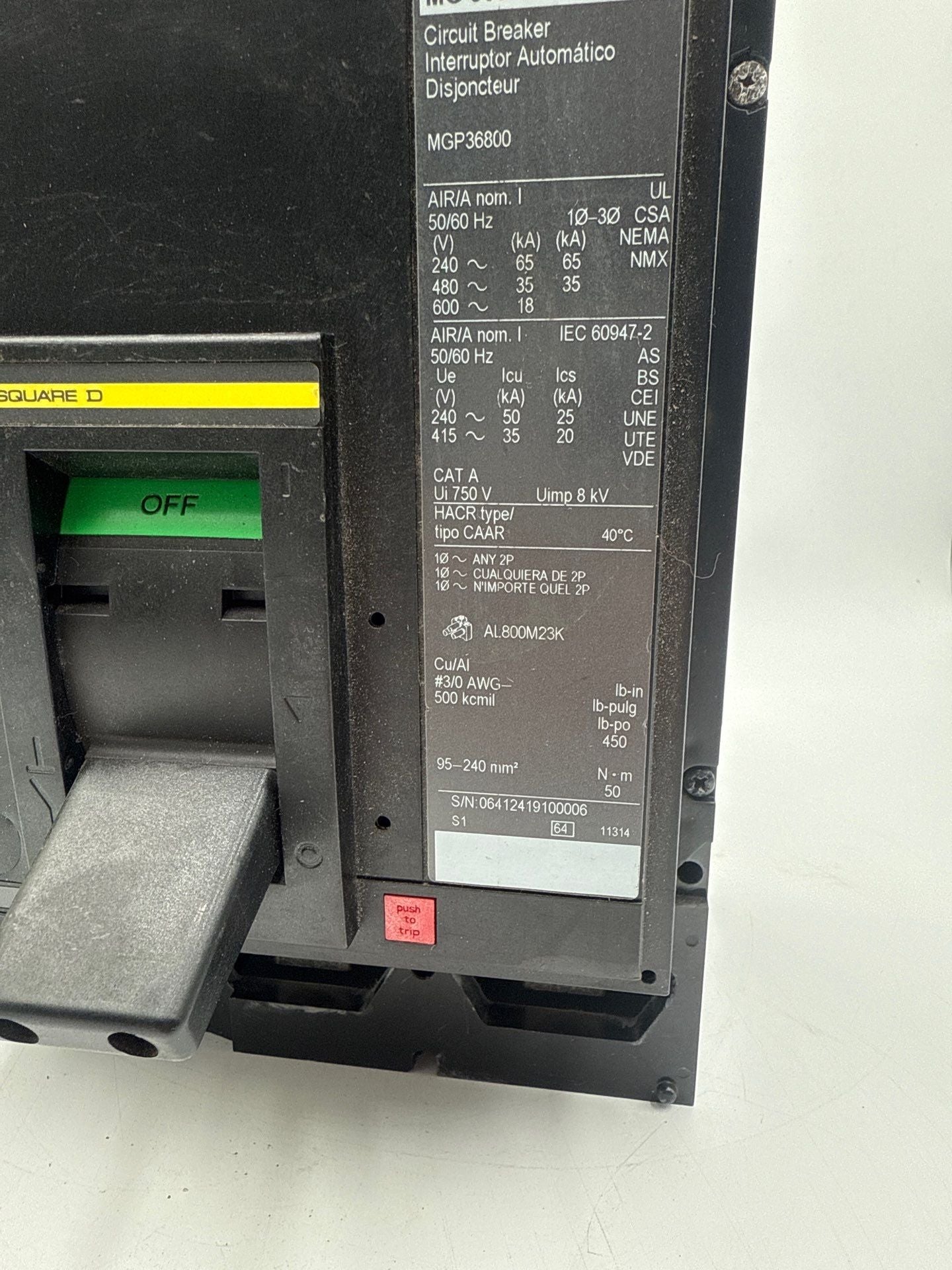 Square D MGP36800 Circuit Breaker 800A 3P 600V 3PH MGP 800 Amp 3 Pole Used