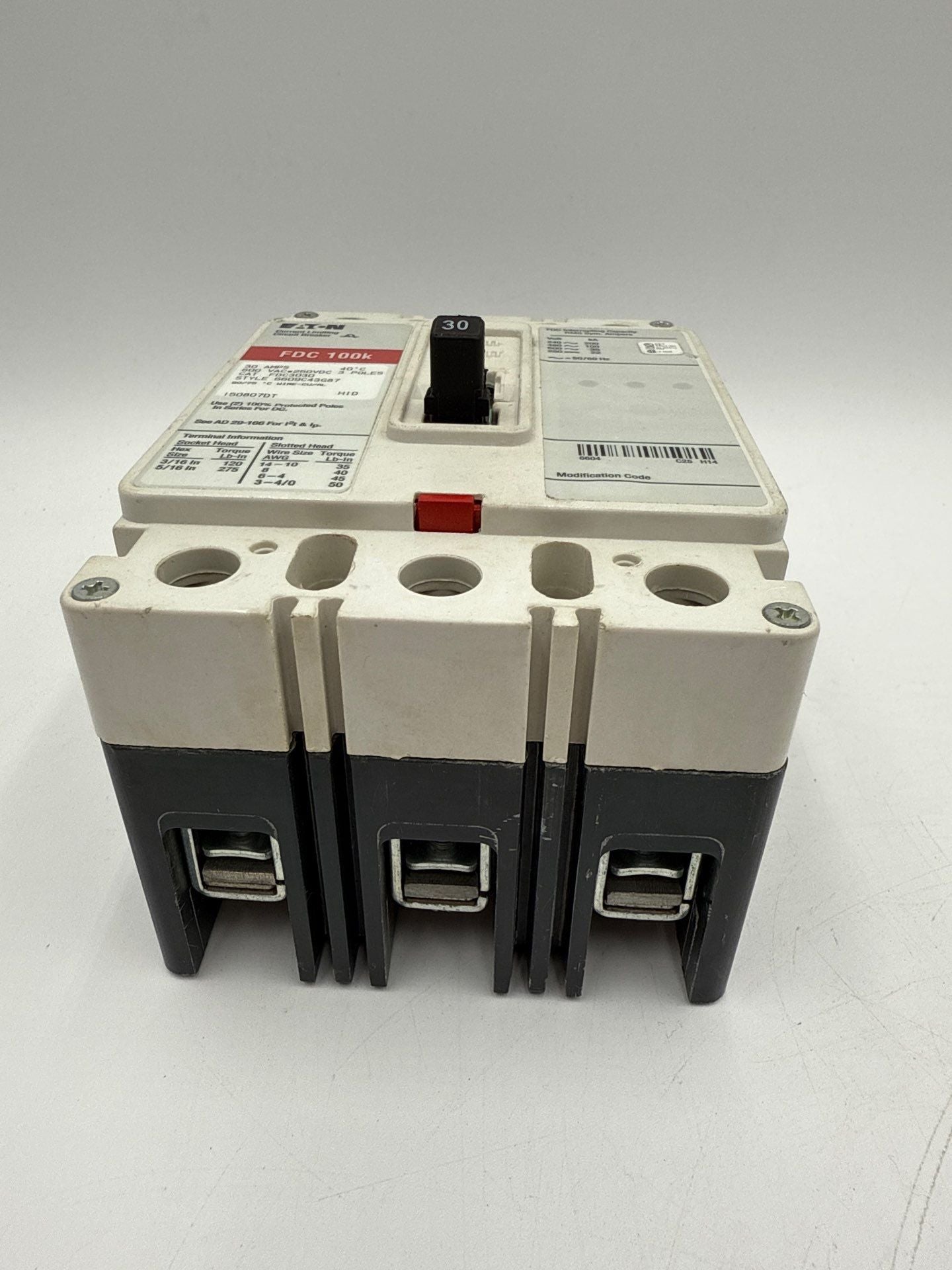 Eaton FDC3030 Circuit Breaker 30A 3P 600V FDC 100k 30 Amp 3 Pole Bolt On Used