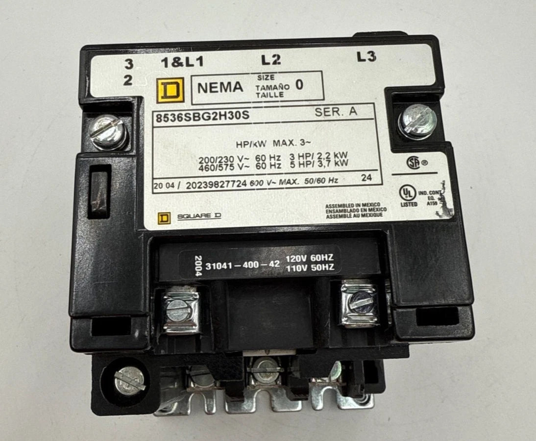 Square D 8536SBG2H30S Contactor Coil 110/120V NEMA Size 0 3P 600V 5HP 3PH Used