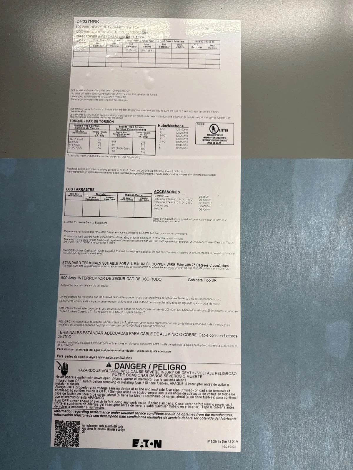 Eaton DH327NRK Safety Disconnect Switch 800A 3P 240V 3PH 3R Outdoor 800 Amp New