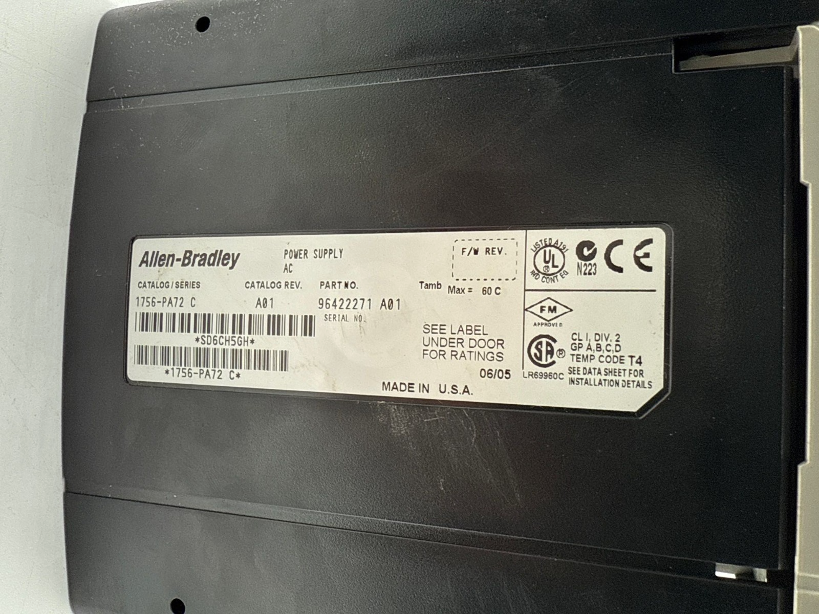 AB 1756-PA72 Ser C ControlLogix Power Supply with 1756-A13/B 13 Slot Chassis Used