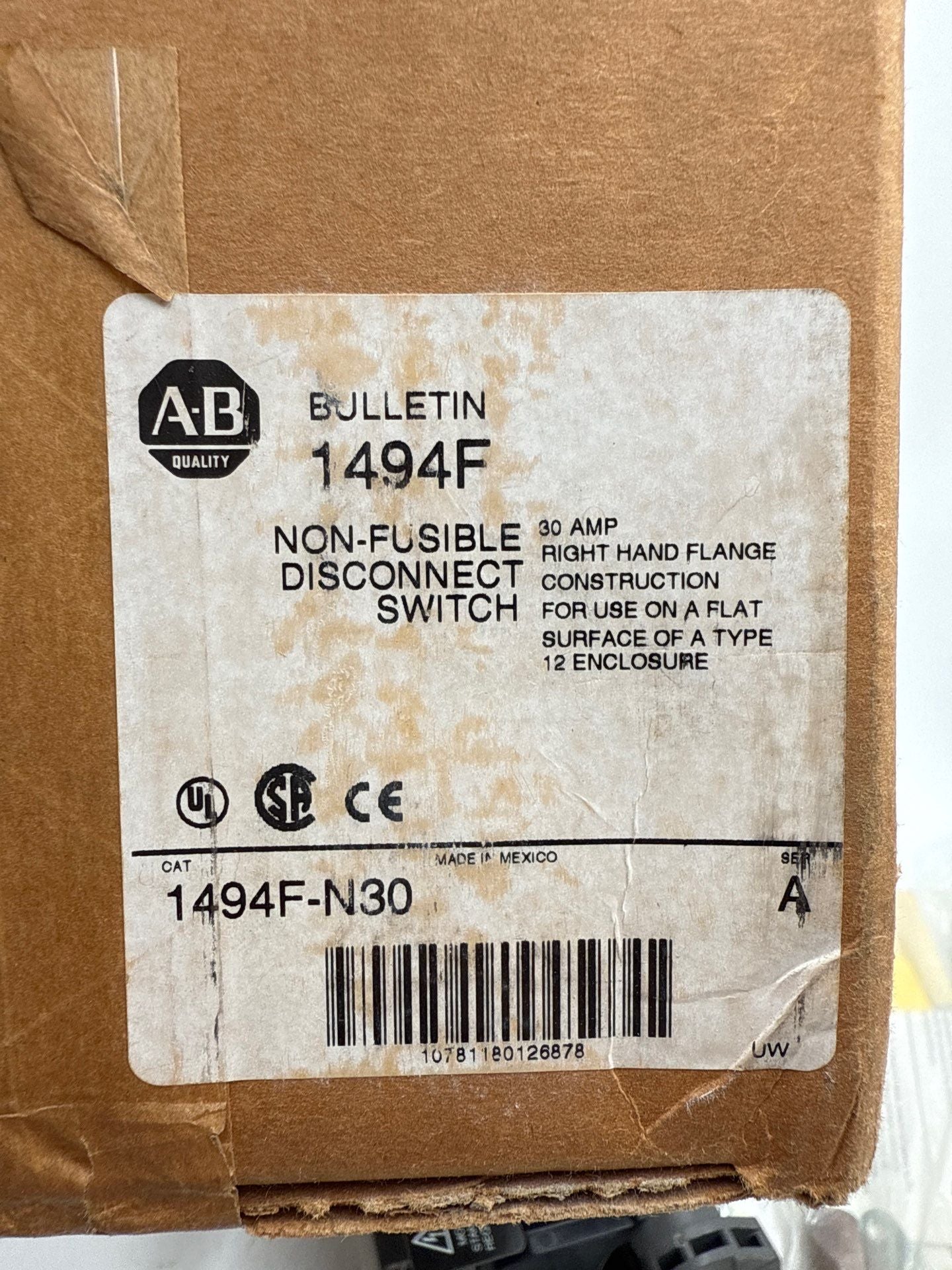 Allen Bradley 1494F-N30 Disconnect Switch 30A SER A 1494FN30 30 Amp New