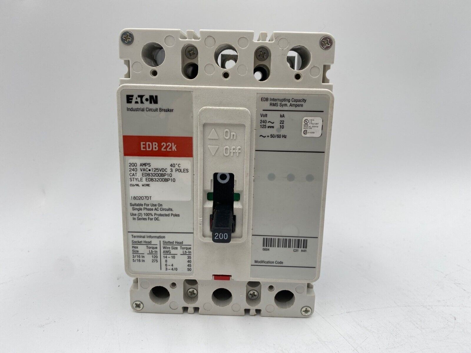 Eaton EDB3200BP10 Circuit Breaker 200A 3P 240V EDB 22k 200 Amp 3 Pole Used