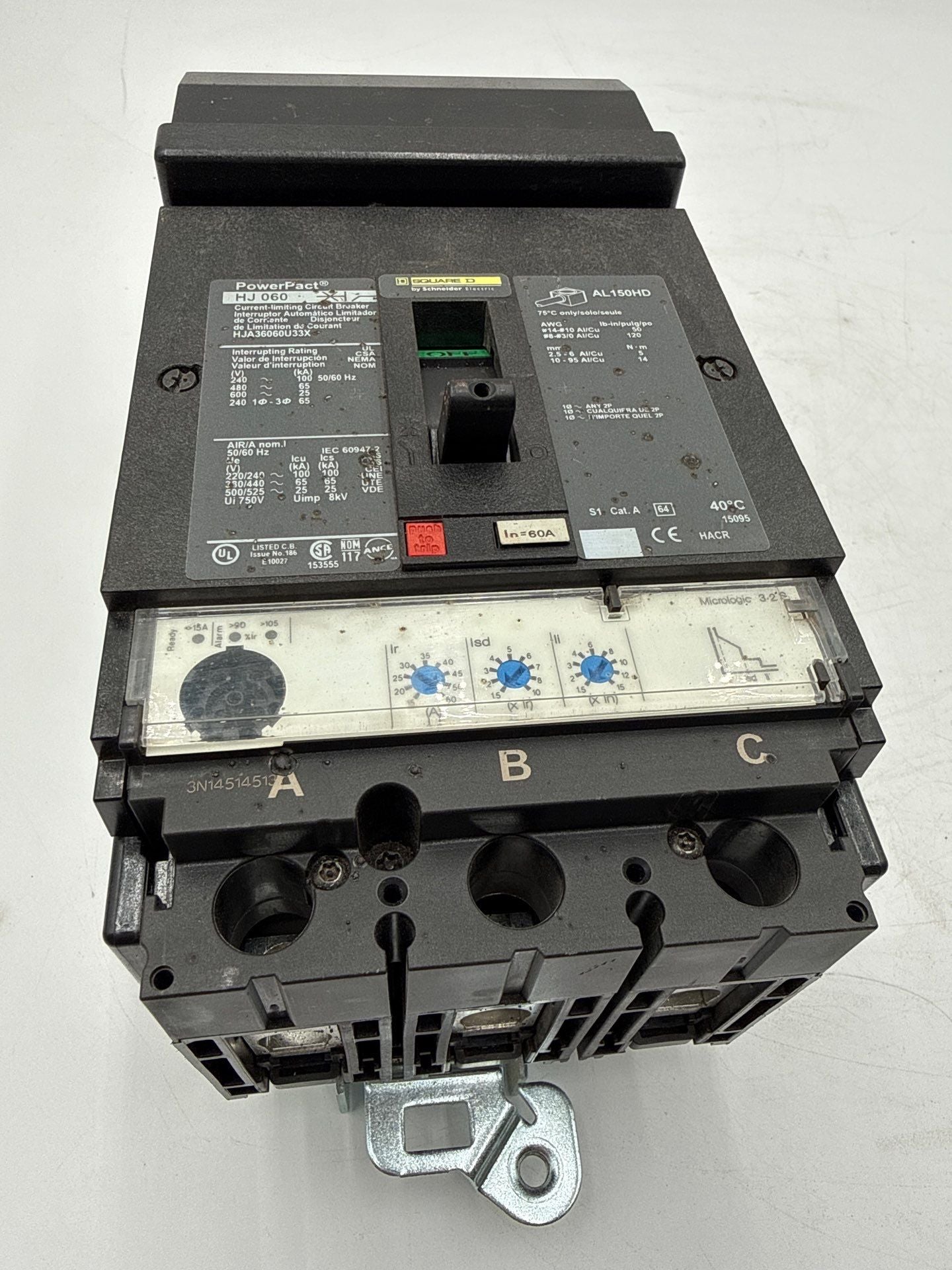 Square D HJA36060U33X I-Line Circuit Breaker 60A 3P 600V HJA 60 Amp 3 Pole Used