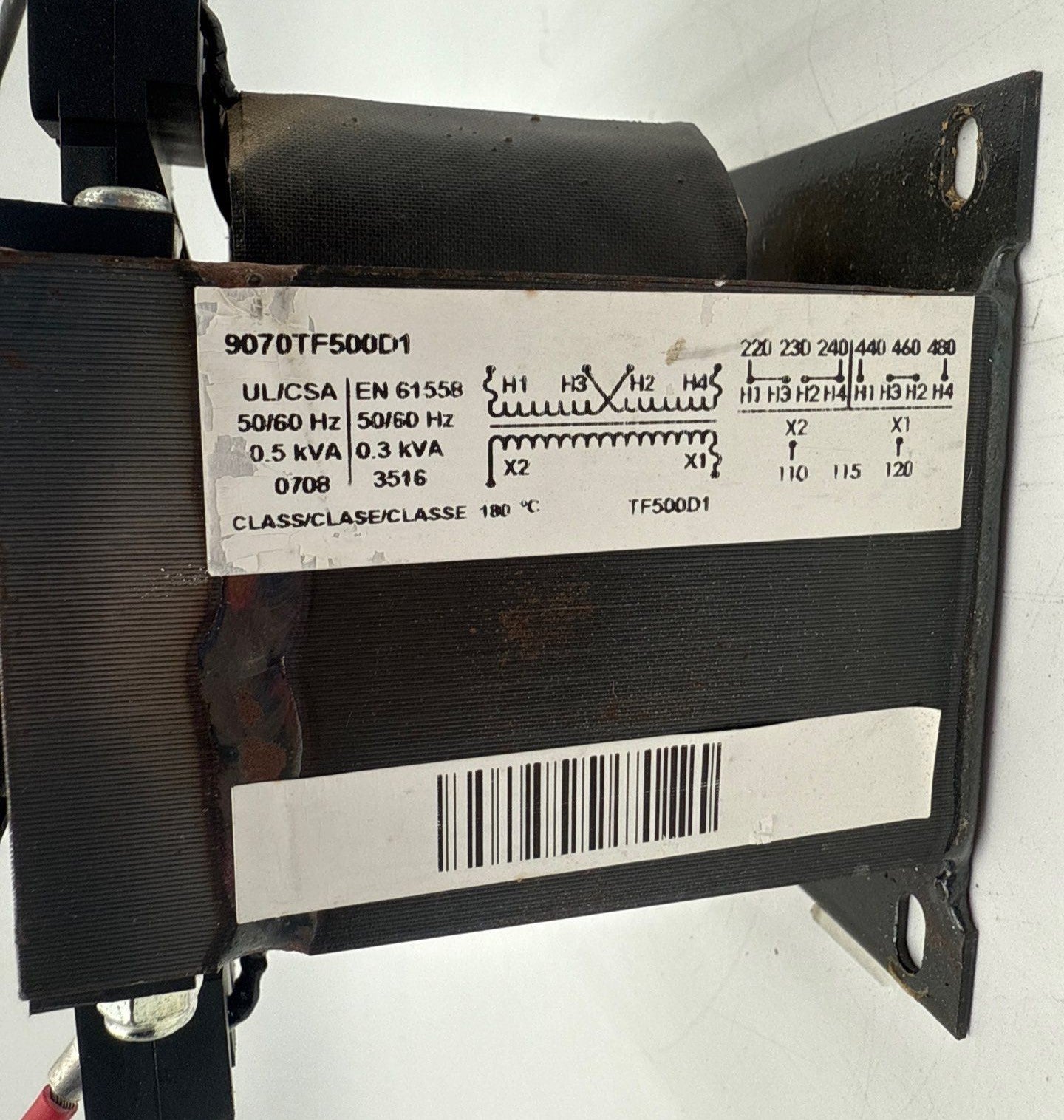 Square D 9070TF500D1 Transformer 0.5KVA Pri 240/480V Sec 120V 1PH w Fuse Block Used