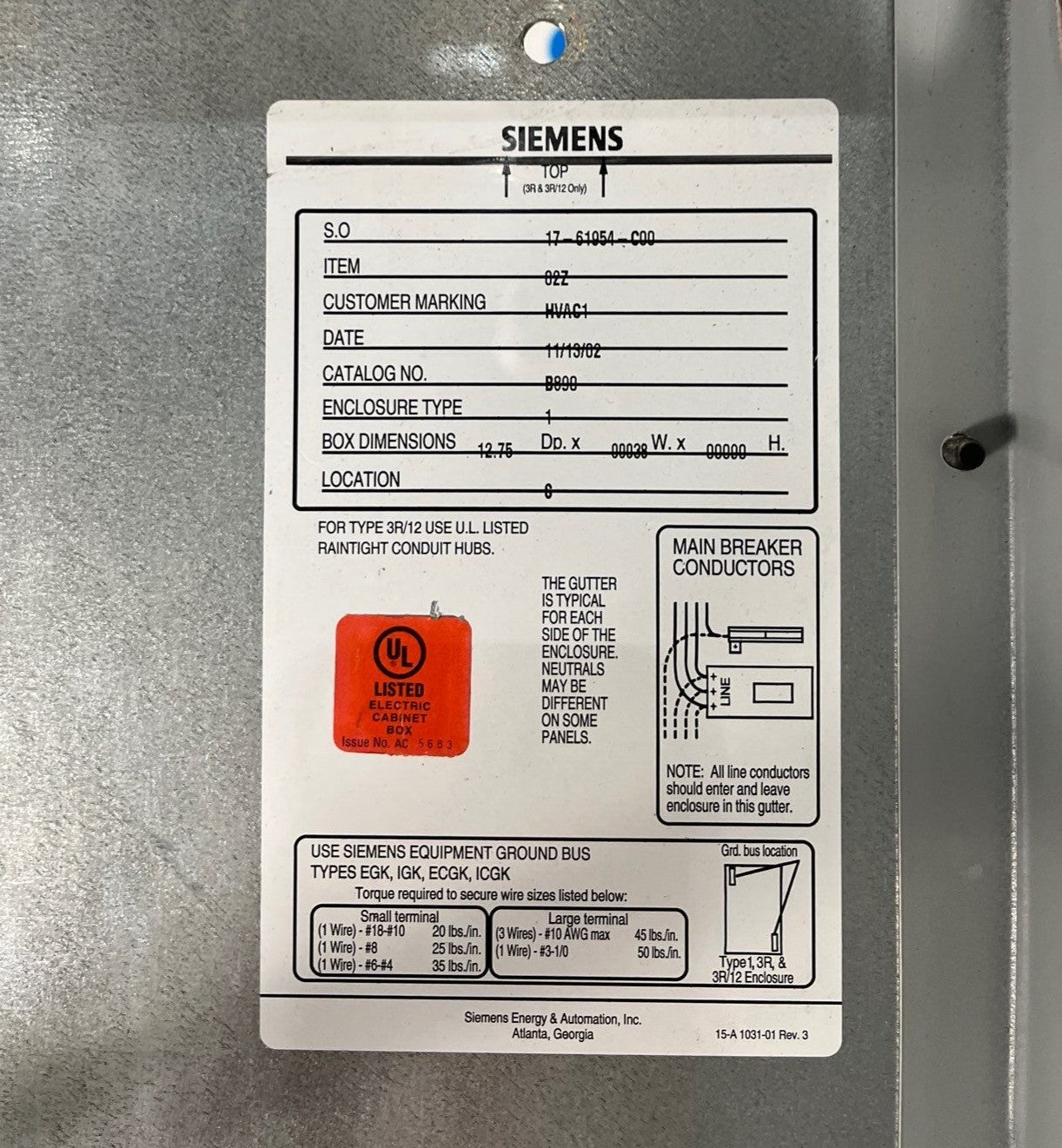 Siemens S5E90ML800ABS S5 Panelboard 800A 480/277V 3PH 4W MLO Indoor Encl B890 Box Used