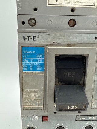 Siemens FXD63B125 Circuit Breaker 125A 3P 600V FXD6 125 Amp 3 Pole Used
