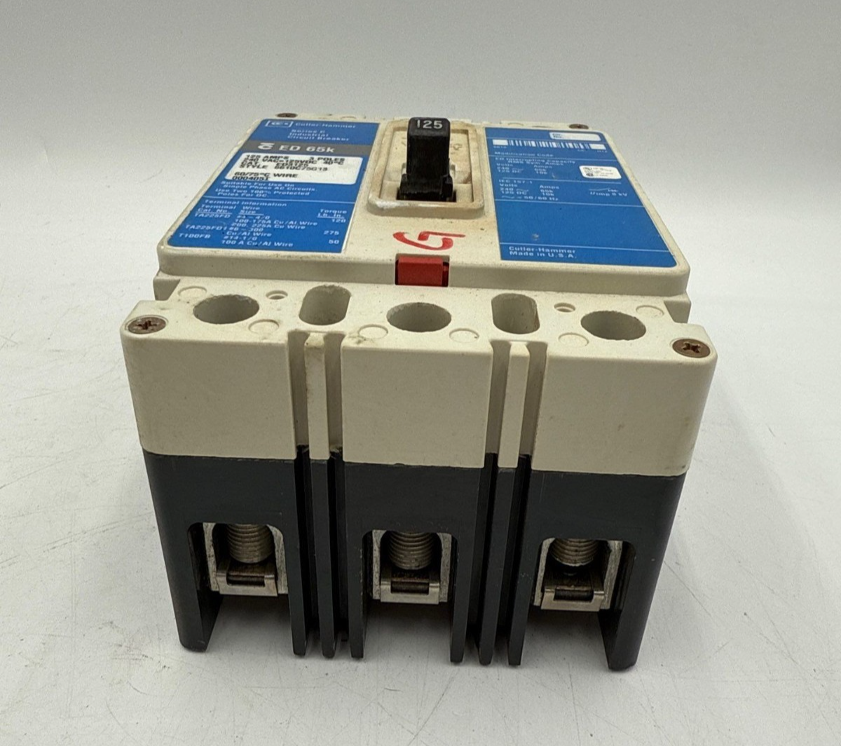 Cutler Hammer ED3125 Circuit Breaker 125A 3P 240V 3PH ED 65k 125 Amp 3 Pole Used