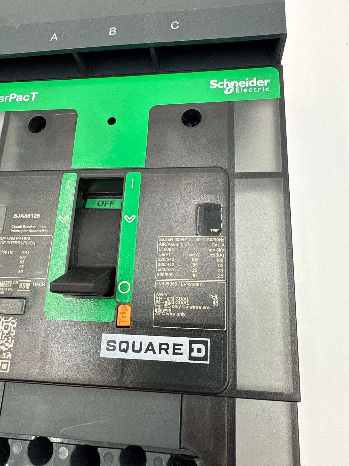 Square D BJA36125 I-Line Circuit Breaker 125A 3P 600V PowerPact 125 Amp 3 Pole Used