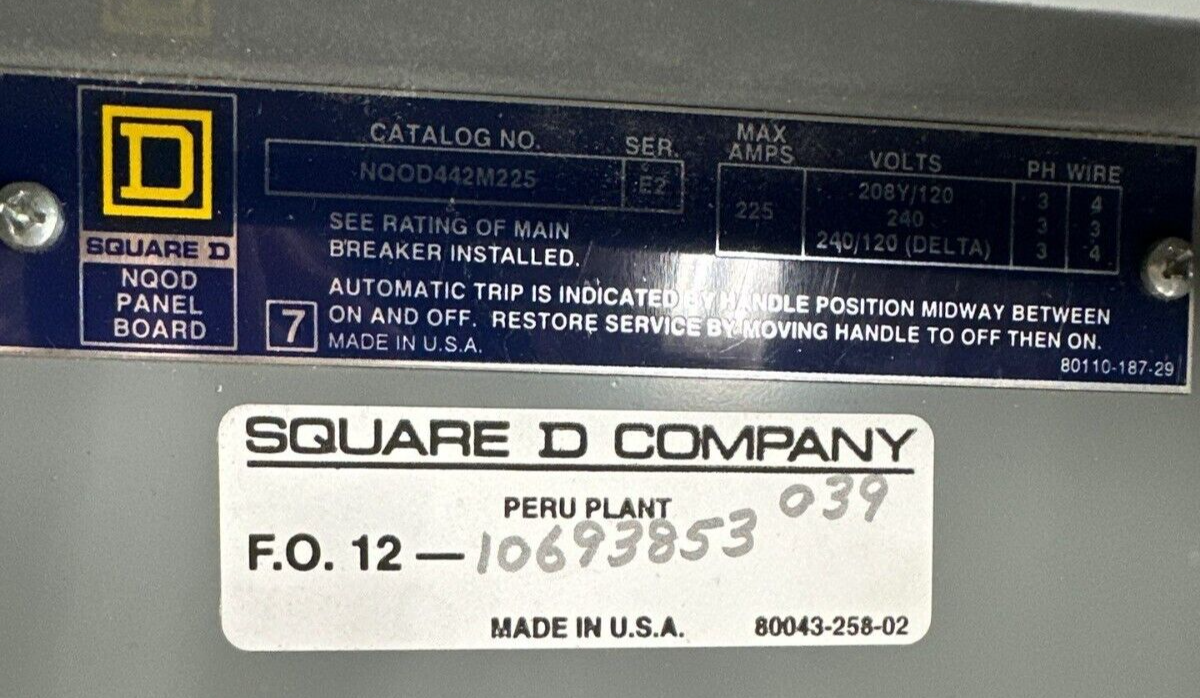Square D NQOD442M225 Panelboard 225A 208Y/120V 3PH 4W MCB Main Q2L3100 100 Amp P394 Used