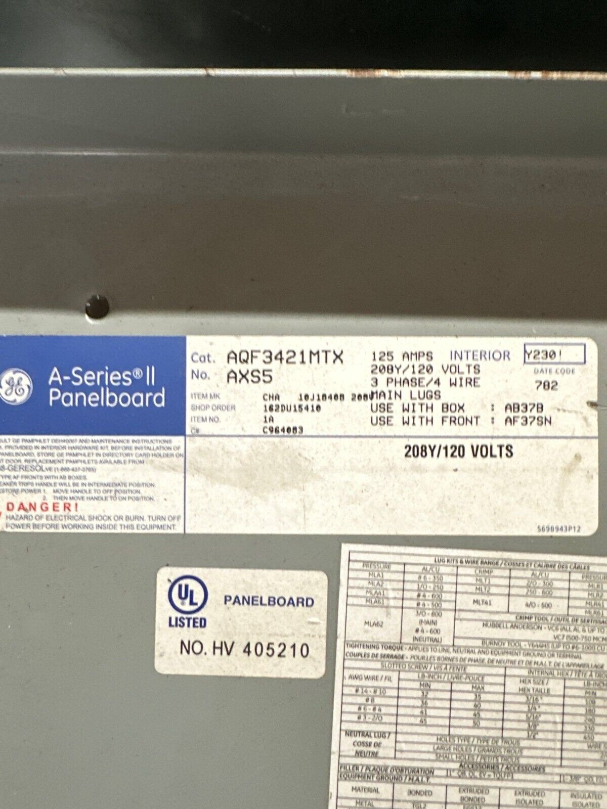 GE AQF3421MTX Panelboard 125A 208Y/120V 3PH 4W MLO 42 Circuit Main Lug Box AB37B P467 Used