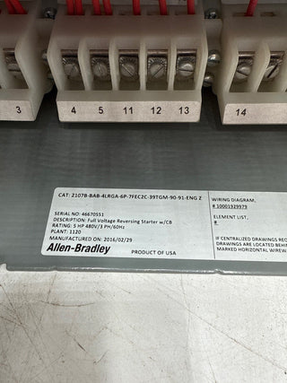 Allen Bradley 2100 20" 20A MCC Combo Bucket Reversing Size 1 Starter 505-BOD23 Used