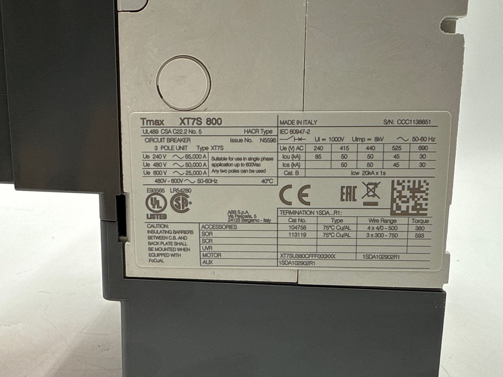 ABB XT7SU380CFFF000XXX Circuit Breaker 800A 3P 600V Ekip Dip LSI XT7S 800 New