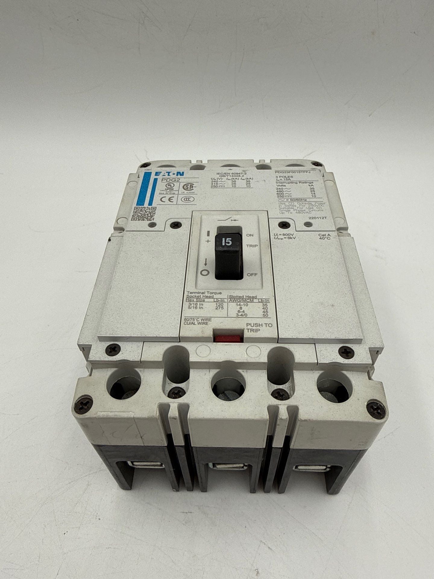 Eaton PDG23F0015TFFJ Circuit Breaker 15A 3P 600V PDG2 15 Amp 3 Pole 25kAIC Used