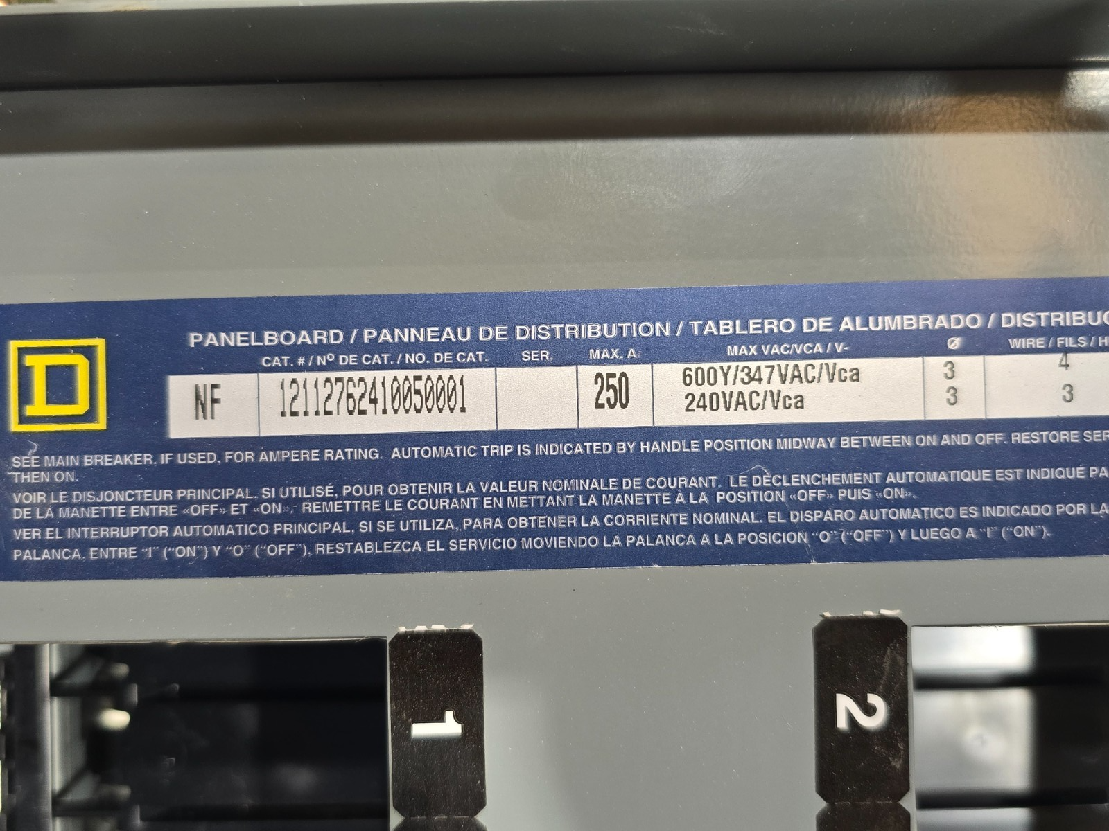 Square D NF Panelboard 250A 600/347V 3PH 4W MLO 250 Amp Panel 42 Cir Indoor MH44 Used