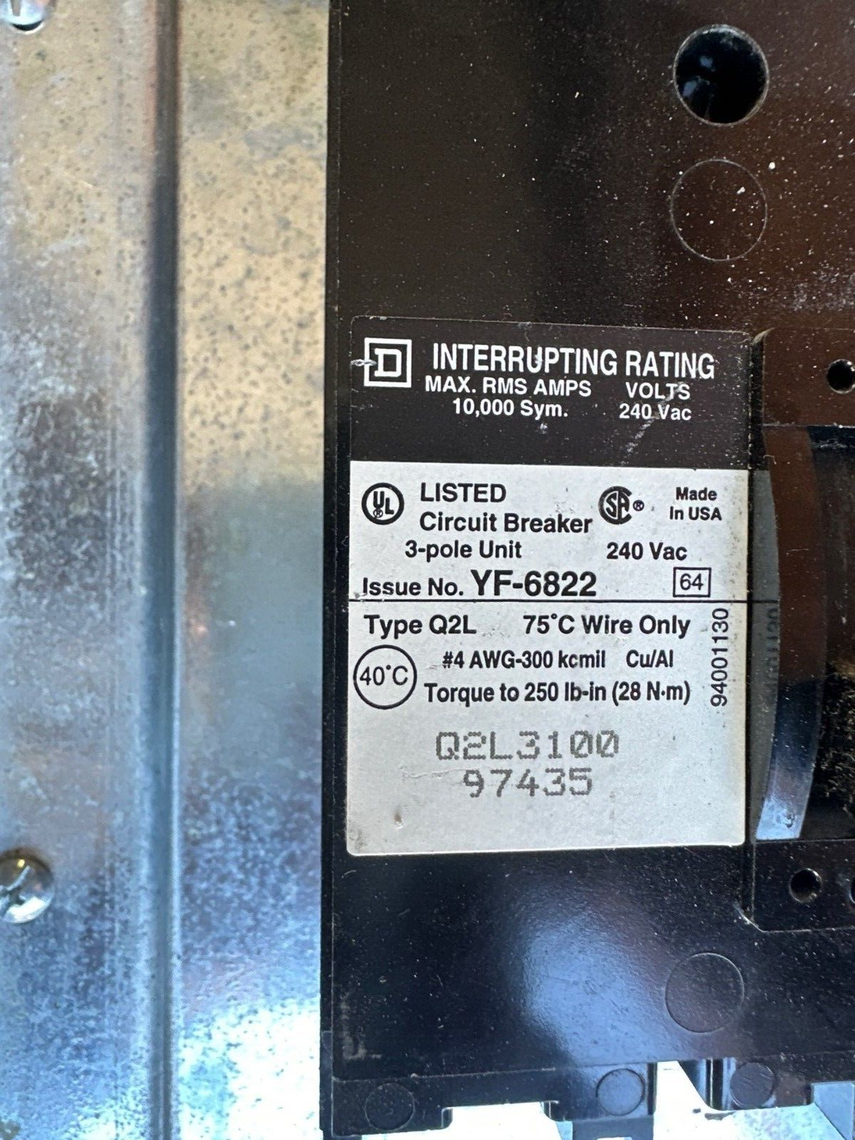 Square D NQOD Panelboard 100A 208Y/120V 3PH 4W MCB Main Q2L3100 42 CIR NEMA 1 P319 Used