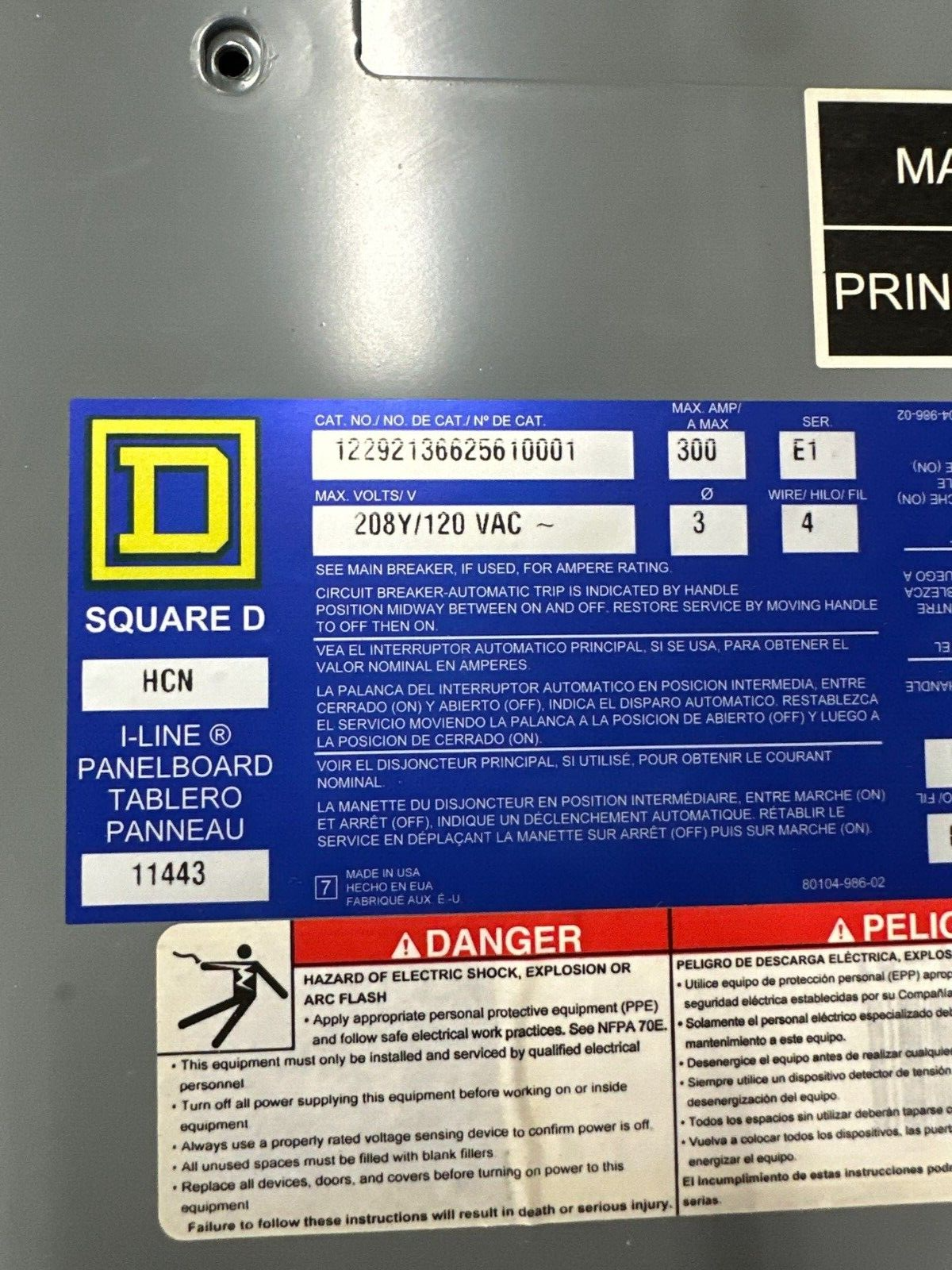 Square D HCN I-Line Panelboard 300A 208Y/120V 3PH 4W Main LAP36300MT P456-P448-P446-P445-P419 Used