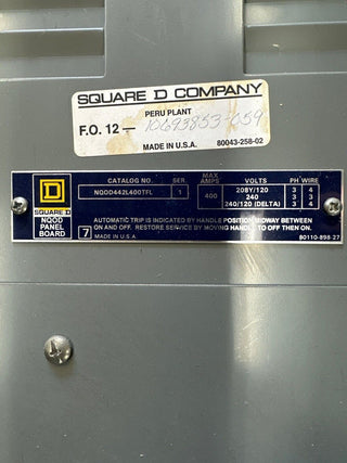 Square D NQOD442L400TFL Panelboard 400A 208Y/120V 3PH 4W Indoor Encl MLO 42 Cir P361 Used