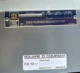 Square D NQOD Panelboard 100A 208Y/120V 3PH 4W MCB Main Q2L3100 42 CIR NEMA 1 P319 Used