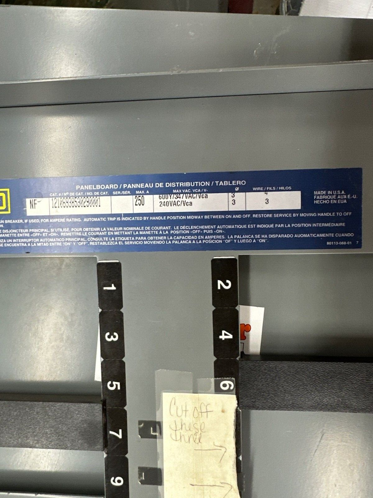 Square D NF Panelboard 250A 600Y/347V 3PH 4W 42 Cir 250 Amp Box MH44 240V P396 Used