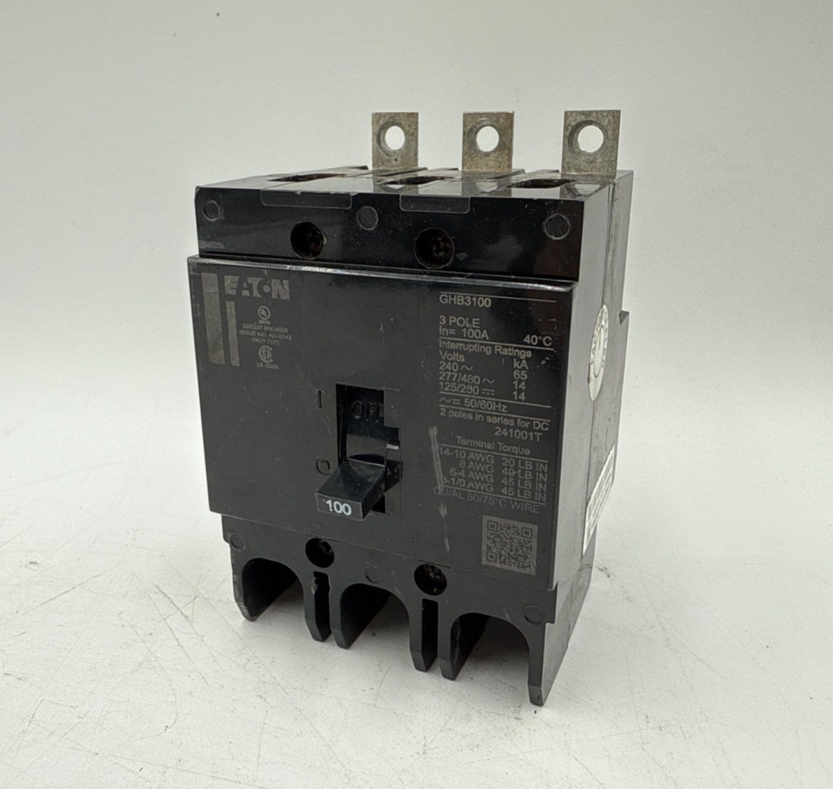 Eaton GHB 3100 Circuit Breaker 100A 277/480V 3P 14kA 100 Amp 3 Pole Bolt On Used
