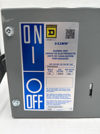 Square D PHD36030G Bus Plug 30A 3PH 3W 600V I-Line Busway Switch 30 Amp New