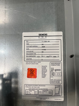 Siemens S4 S4E60ML400ATS Panelboard 400A 480/277V 3PH 4W MLO Indoor Encl B60 Used