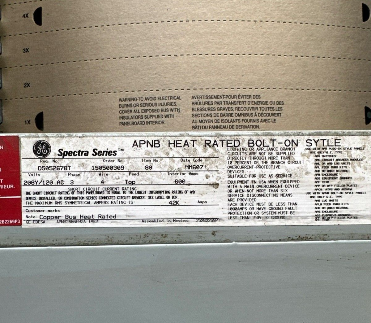 GE APNB Bolt On Style Panelboard 600A 208/120V 3PH 4W Indoor Encl MLO Main Lug P502 Used