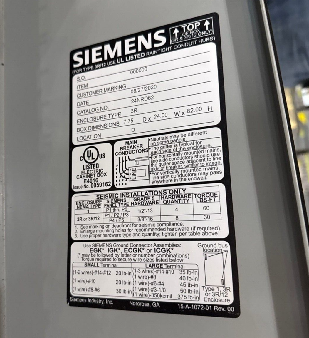 Siemens P3E62ML800ATS P3 Panelboard 800A 480/277V 3PH 4W 54 Cir 3R Outdoor Encl P132 Used