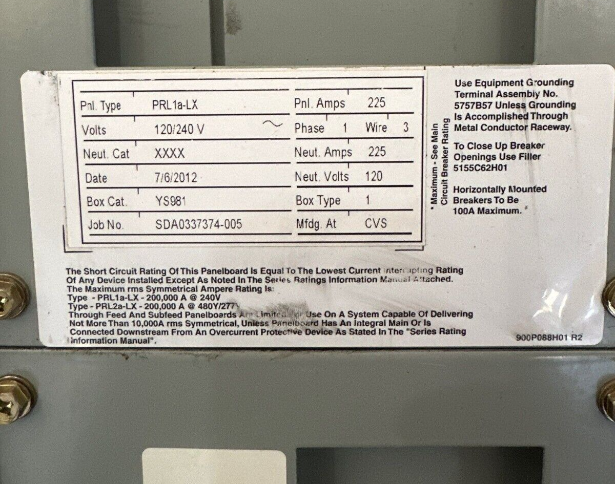 Eaton PRL1a-LX Panelboard 225A 120/240V 1PH 3W Type 1 Indoor Encl 42 Circuit P475 Used