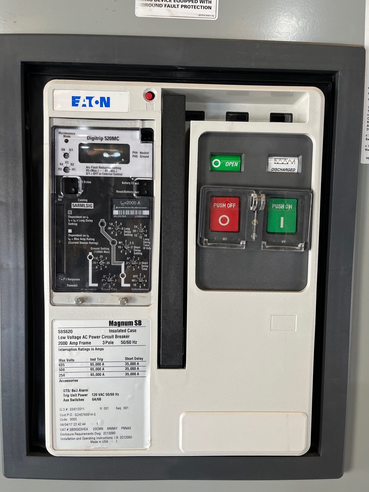 Eaton PRLC Switchboard 2000A 480/277V 3PH 4W SBS6203HEA LSIG Arc Flash Reduction Used