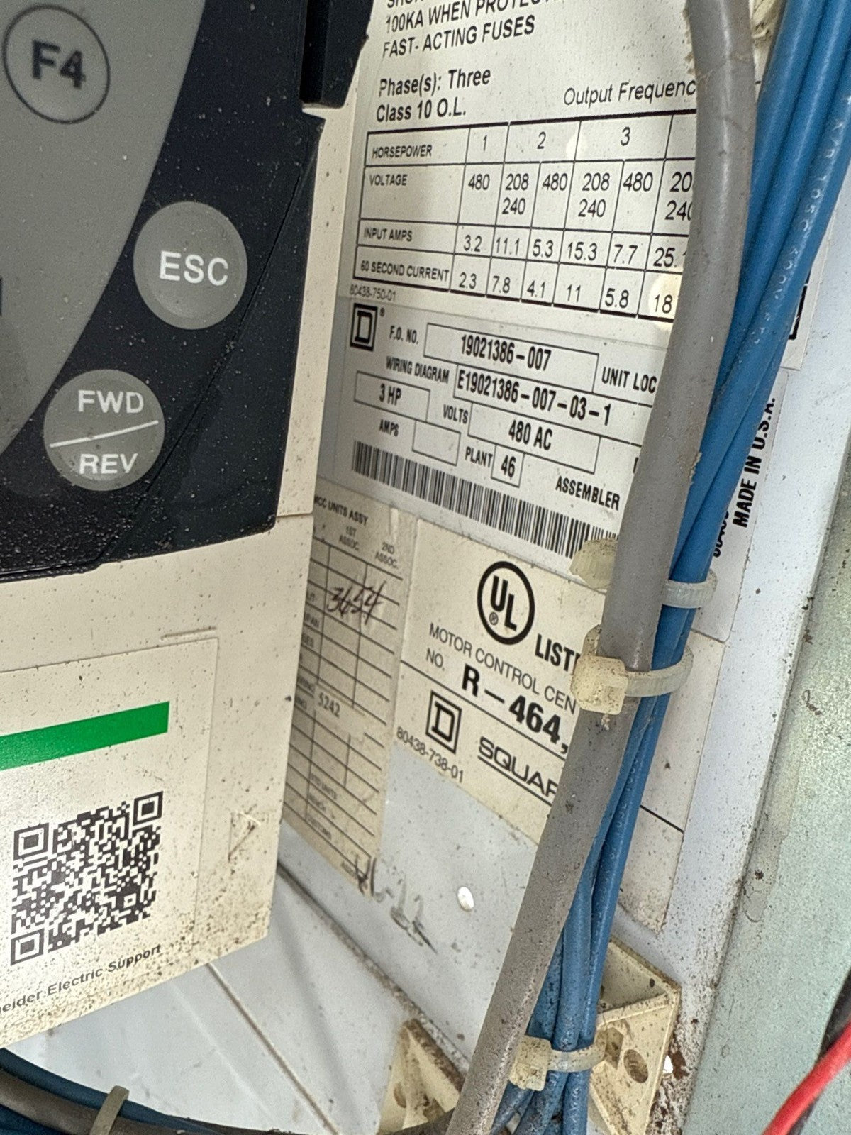 Square D Model 6 24" 15A Combo MCC Bucket FHP3601513M ATV71HU22N4 3HP Drive Used