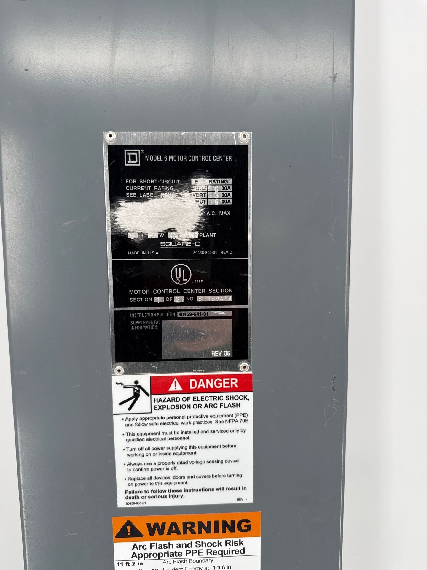 Square D Model 6 MCC Wire Way Door 72" x 9" Motor Control Center Trim Used