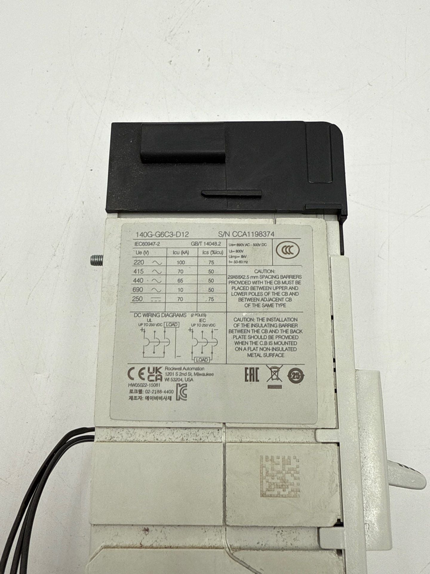 Allen Bradley 140G-G6C3-D12 Circuit Breaker 125A 3P 600V 140G-G6 125 Amp 3 Pole Used